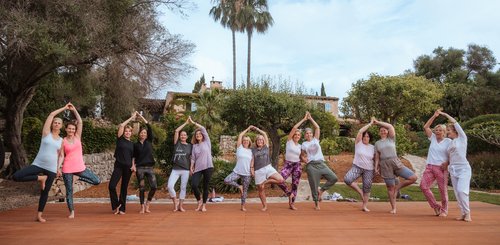 Yoga Gruppe übt gemeinsam Baum Asanas